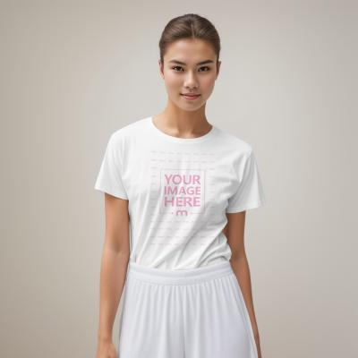 Online PSD Mockup for Women's Round Collar T-Shirt with Model