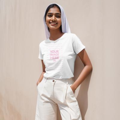 Indian Female Model with Round Collar T-Shirt Mockup Generator