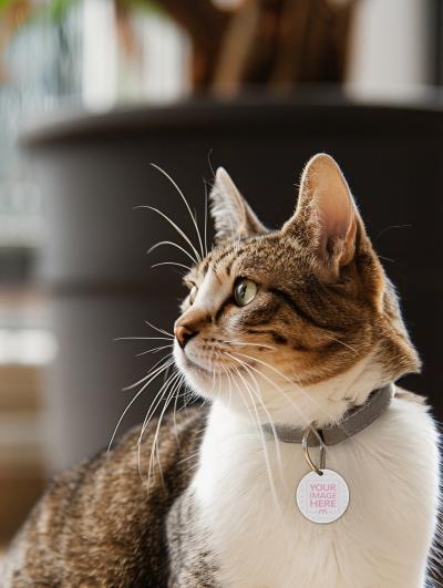 Circular Tag Mockup on Cat Collar for Pet Accessory Branding
