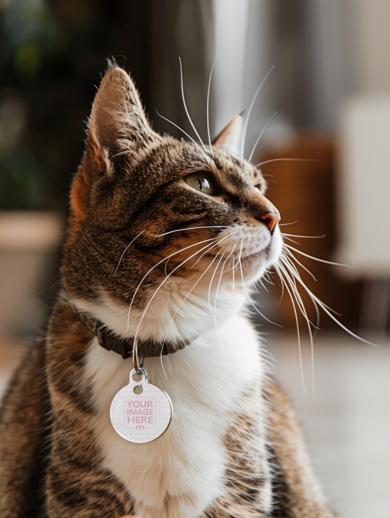 Circular Tag Mockup on Cat for Animal Collar Tag Design preview image