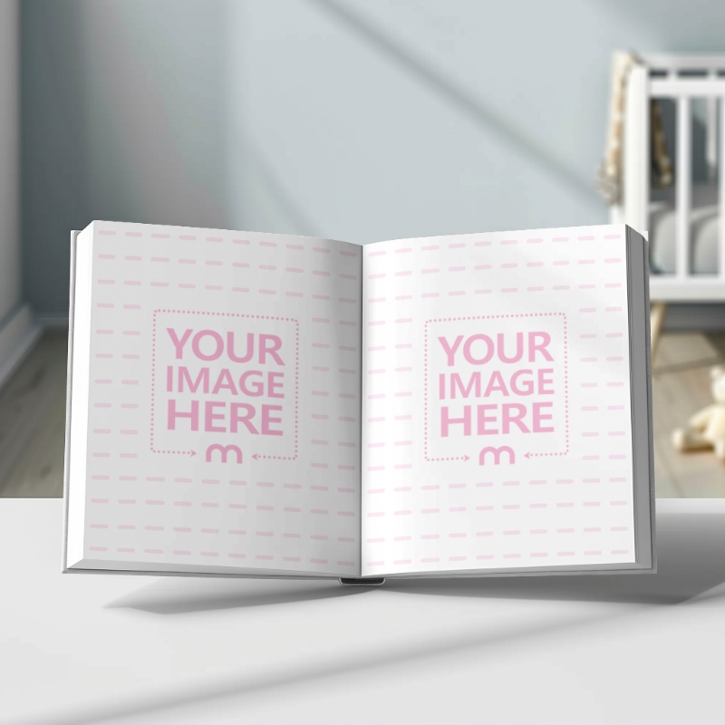 Square Open Book Mockup in Baby’s Room for Children's Storybook preview image