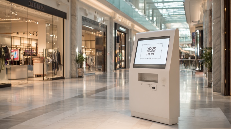 Touchscreen Kiosk Mockup in Shopping Center for Retail Navigation preview image
