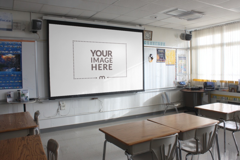 Pull-Down Projector Screen Mockup in Classroom preview image