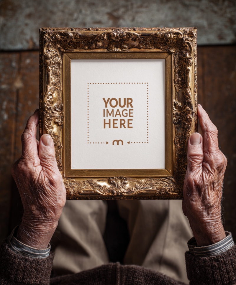 Elderly Hands Holding Ornate Gold Frame Mockup for Photo Display preview image