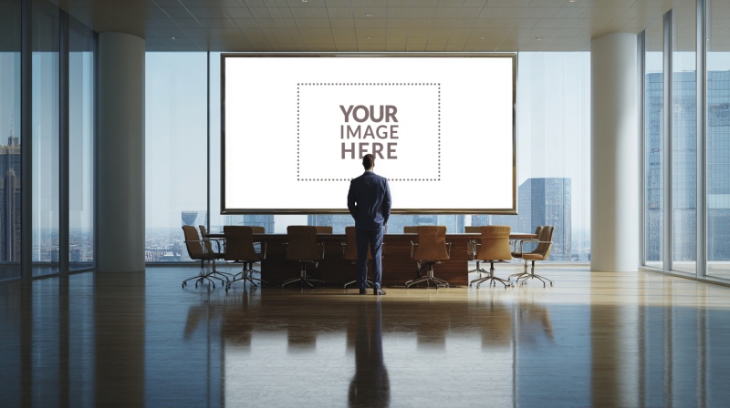 Projector Screen Mockup with CEO for Corporate Branding preview image