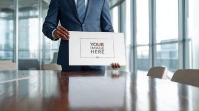 Corporate Pitch Mockup Held by Employee in Office Meeting Room