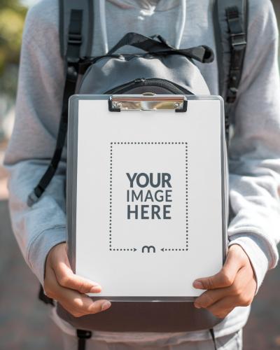 Clipboard-Style Frame Mockup Held by Student for College Project