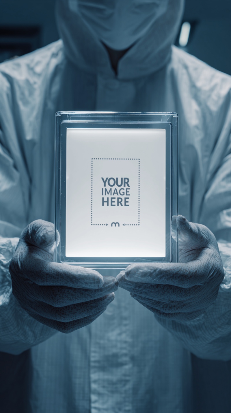 Cleanroom Technician Holding Futuristic Display for Clinical UI Mockup preview image
