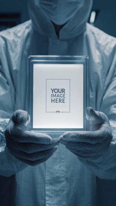 Cleanroom Technician Holding Futuristic Display for Clinical UI Mockup