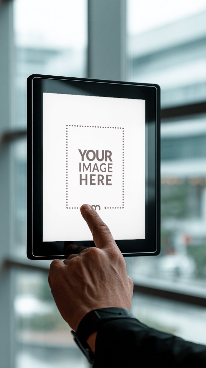 Black Digital Screen Mockup in Hand for Business App Demonstration preview image