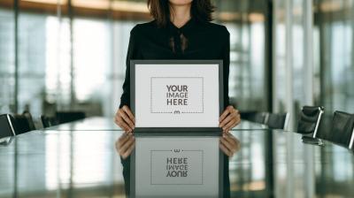 Picture Frame Mockup Held by Professional Woman in Meeting Room