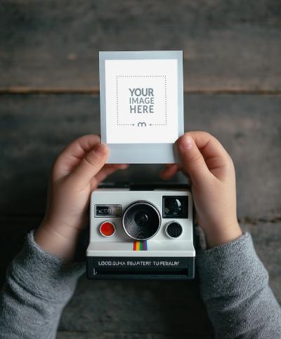 Child Holding Polaroid Frame Mockup Top View