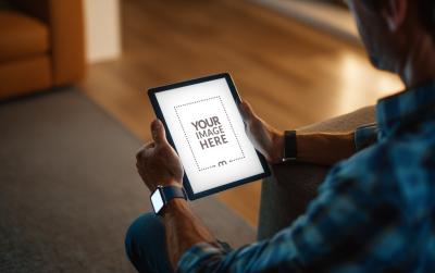 Startup Founder Holding Digital Frame Mockup in Hand