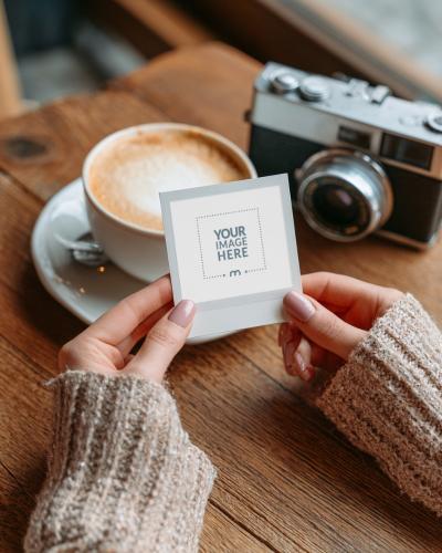 Young Woman Holding Polaroid Mockup for Nostalgic Prints
