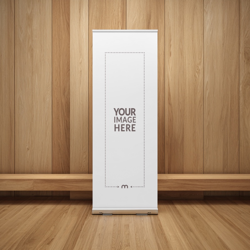 Vertical Roll-Up Banners Mockup Placed in Wooden Background preview image