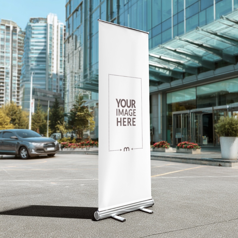 Roll-Up Banner Mockup outside Building for Local Business Ads preview image