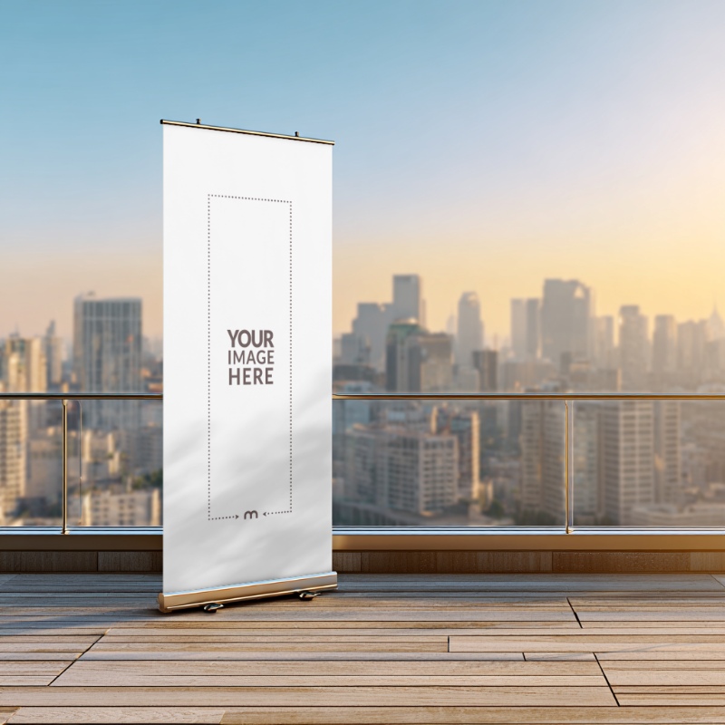 White Roll-Up Banner Mockup on Terrace for Outdoor Promotions preview image