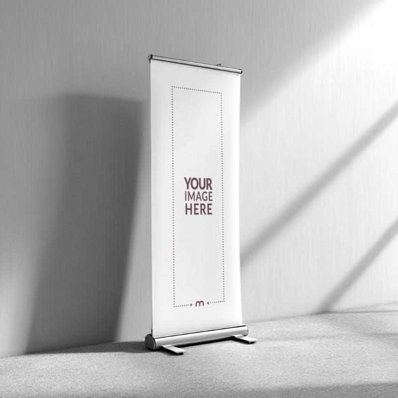 Angled Roll-Up Banner Mockup on Floor for Studio Branding preview image