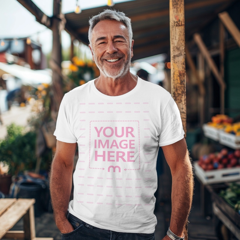 Smiling Man Wearing T-Shirt Mockup for Beach Shirt Promotion preview image