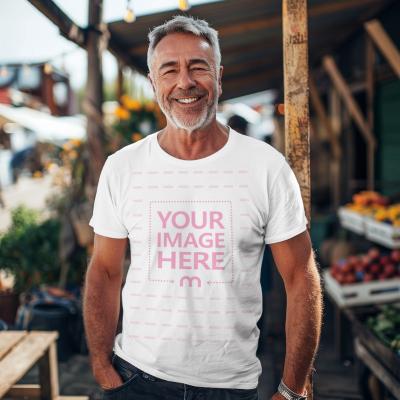 Smiling Man Wearing T-Shirt Mockup for Beach Shirt Promotion