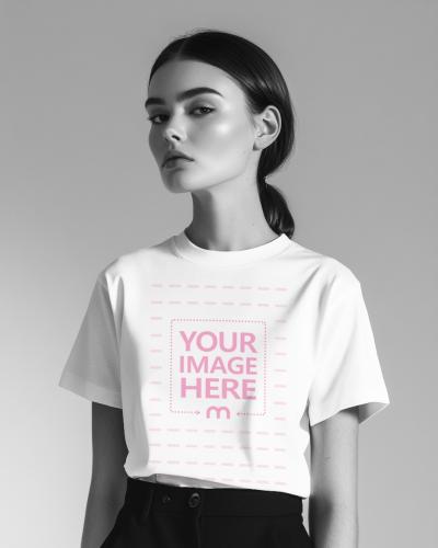 Slick-Haired Woman in T-Shirt Mockup for Fashion Editorial Display