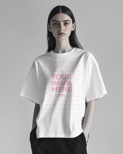 T-Shirt on Stylish Woman with Slick Hair for Trendy Apparel Line