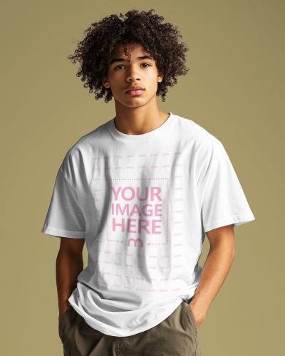 Fit T-Shirt on Curly-Haired Teen Model for Youth Apparel Line