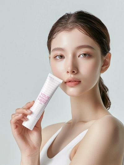 Korean Cosmetic Tube Mockup Held by Model for Skincare Product