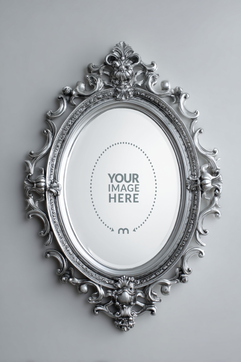 Silver Ornate Oval Mirror Frame Mockup on Wall preview image