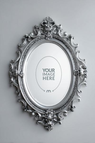 Silver Ornate Oval Mirror Frame Mockup on Wall