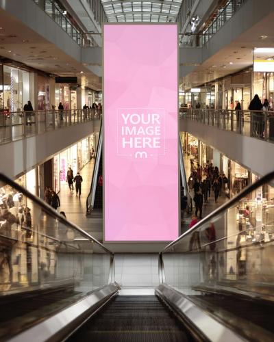 Large Vertical Digital Billboard Mockup in Shopping Mall Center