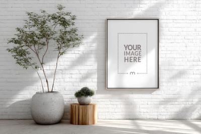 Frame Mockup on a White Brick Wall for Home Decoration