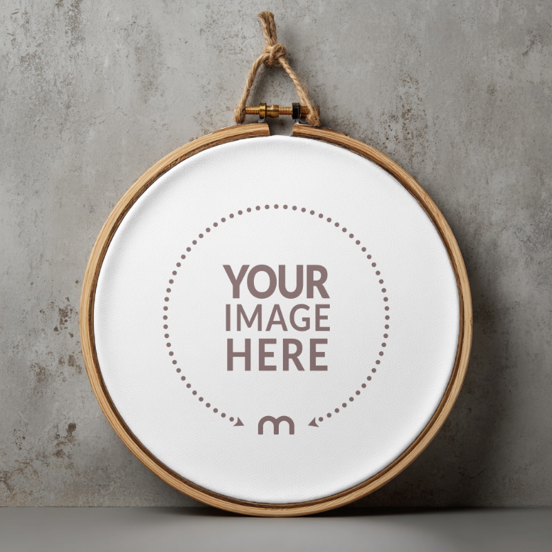 Round Wooden Hoop Mockup with Linen Stretch for DIY Craft Design preview image