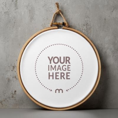 Round Wooden Hoop Mockup with Linen Stretch for DIY Craft Design