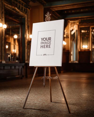 Canvas Mockup on Tripod Stand in Gallery Setting for Artwork Display