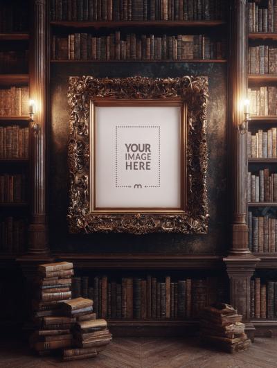 Vintage Ornate Frame Mockup for Historic Library Wall Art