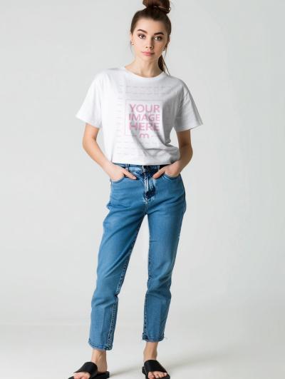 T-Shirt Mockup on Female Model for Graphic Tee Design Previews