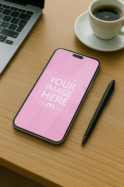iPhone 16 Pro Max Mockup on Wooden Desk with Coffee and Laptop