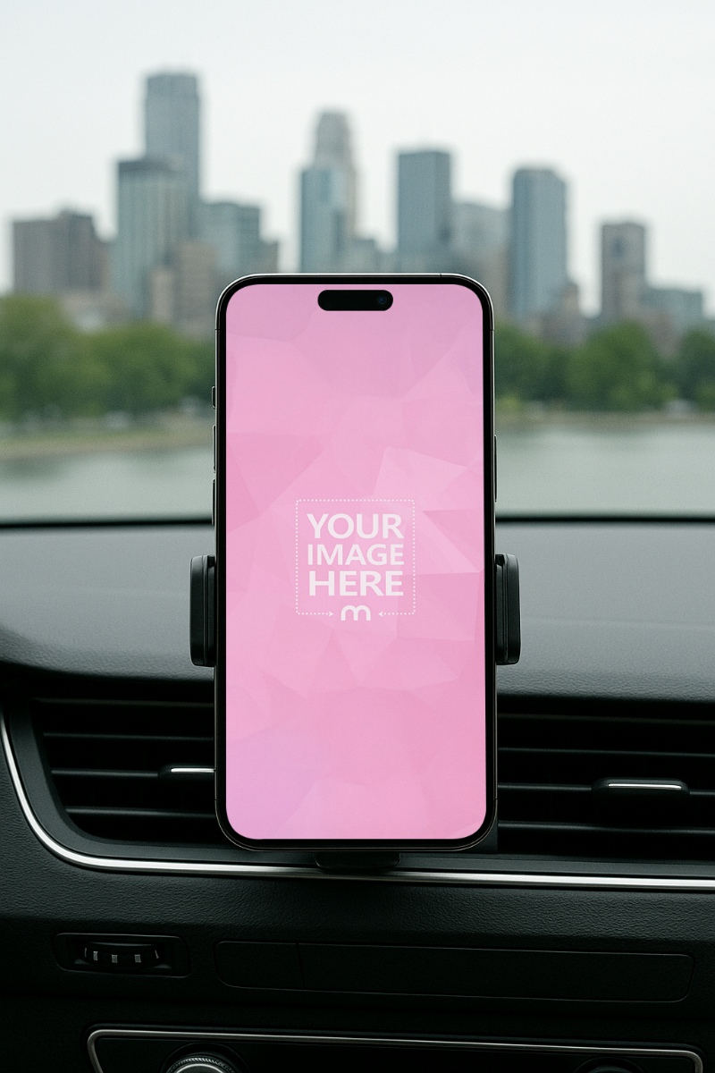 iPhone 16 Pro Max Mockup in Car Holder with City Skyline View preview image