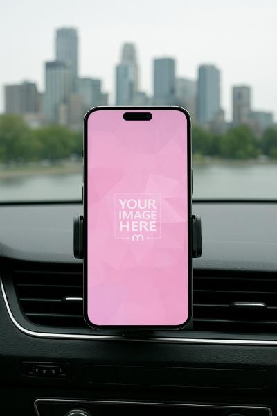 iPhone 16 Pro Max Mockup in Car Holder with City Skyline View