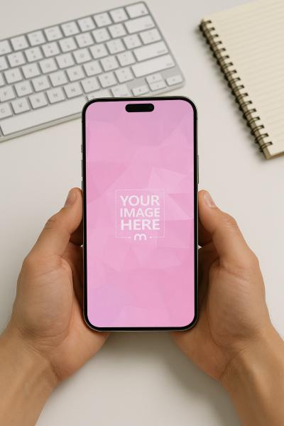 iPhone 16 Pro Max Mockup in Hands on Minimalist Office Desk
