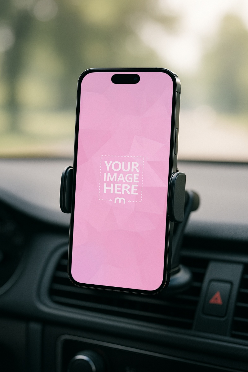 iPhone 16 Pro Max Mockup in Car Holder on Passenger Dashboard preview image