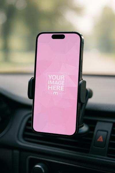 iPhone 16 Pro Max Mockup in Car Holder on Passenger Dashboard