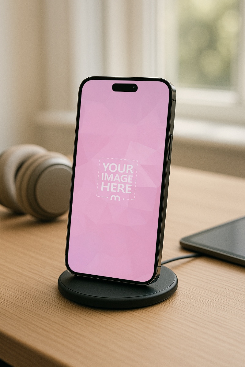 iPhone 16 Pro Max Mockup on Wireless Charger with Desk Setup preview image