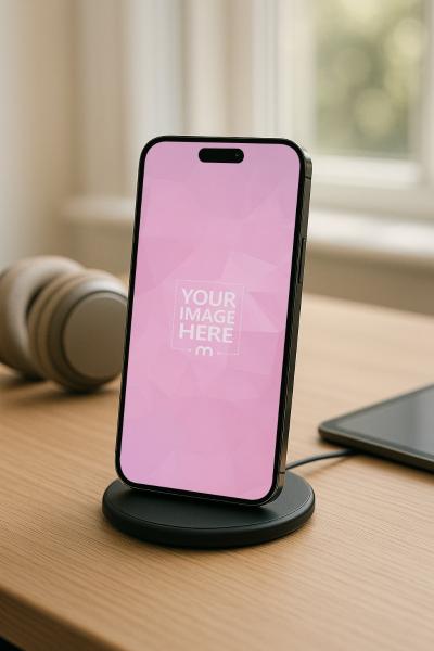 iPhone 16 Pro Max Mockup on Wireless Charger with Desk Setup