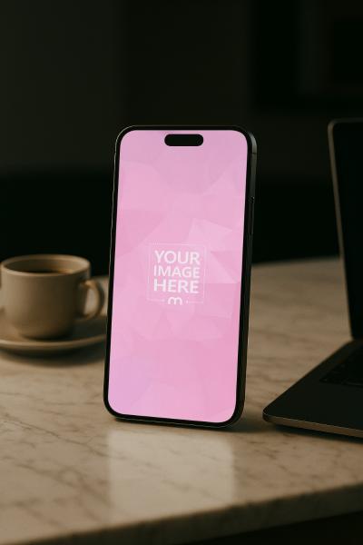 iPhone 16 Pro Max Mockup on Marble Desk with Laptop and Coffee