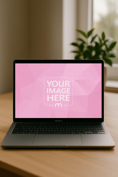 MacBook Laptop Mockup on Minimal Wooden Desk with Daylight