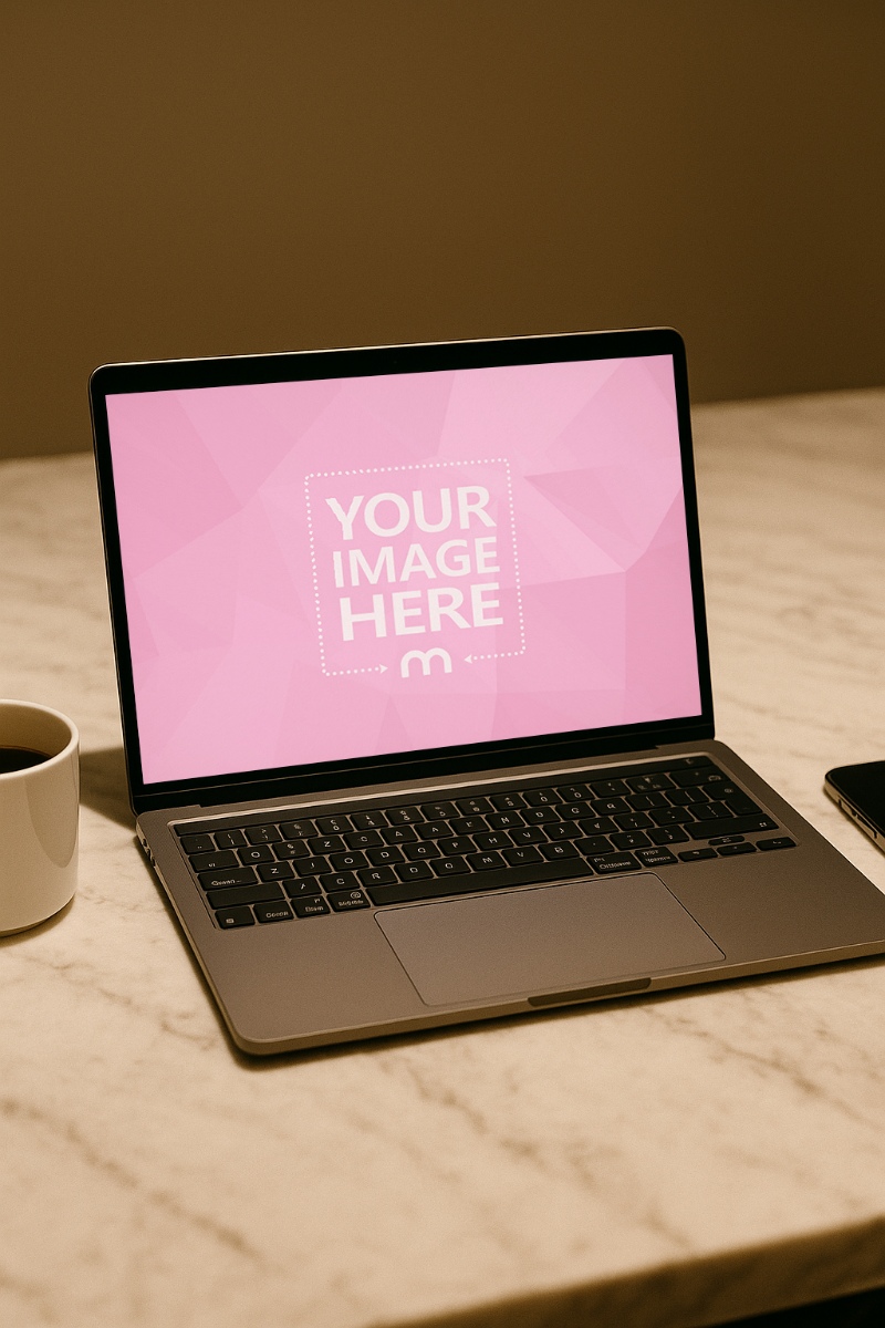 MacBook Laptop Mockup on Marble Desk with Phone in Cafe preview image