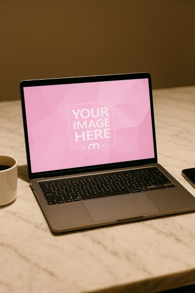 MacBook Laptop Mockup on Marble Desk with Phone in Cafe