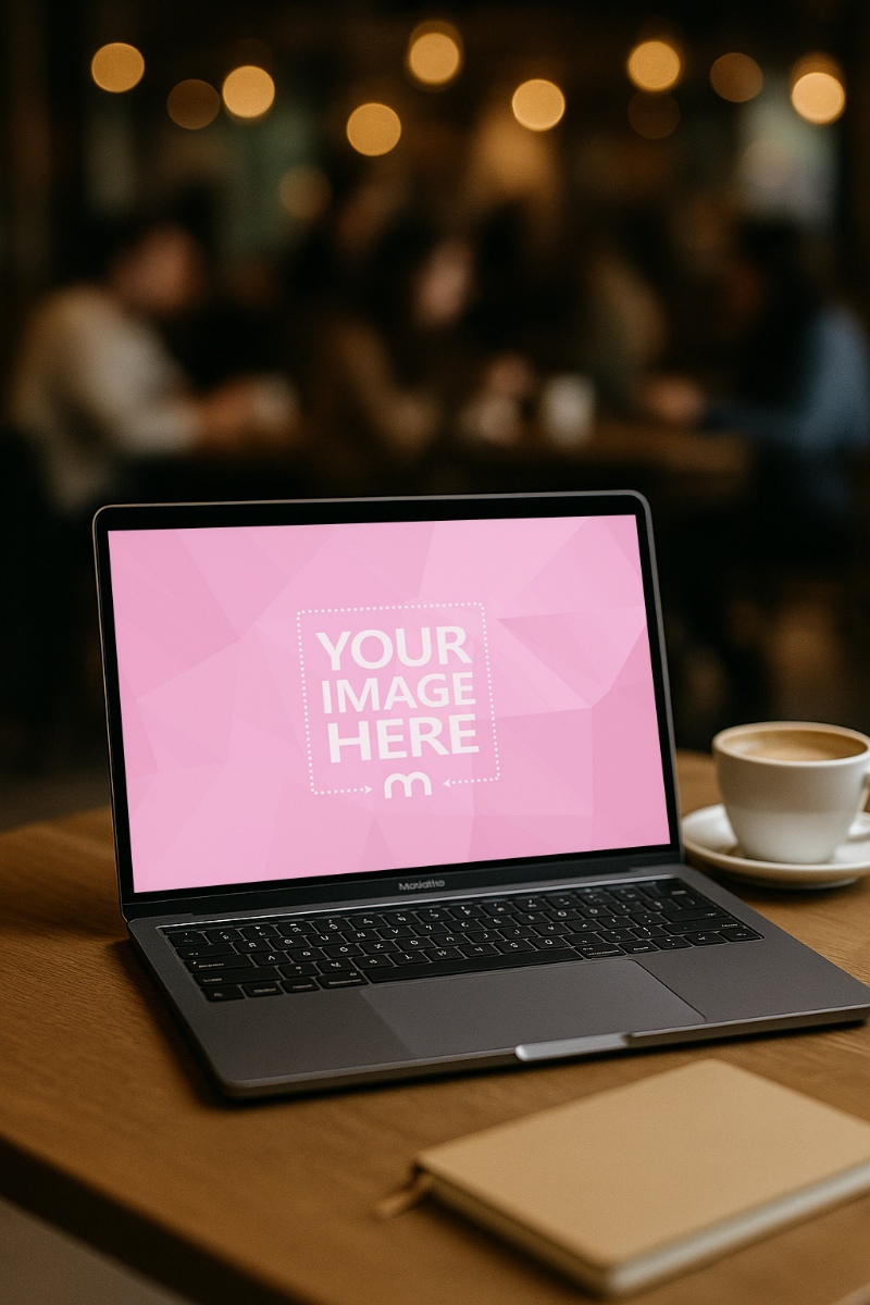 MacBook Laptop Mockup on Cafe Table with Coffee and Notebook preview image